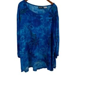 Sharon Anthony Womens Coastal Ocean Blue Floral Tunic Top Size 2X  100% Rayon